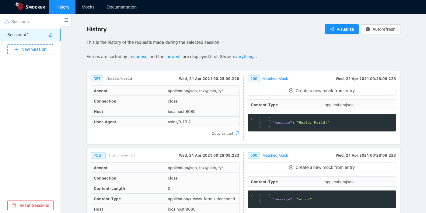 Smocker&#39;s user interface - History